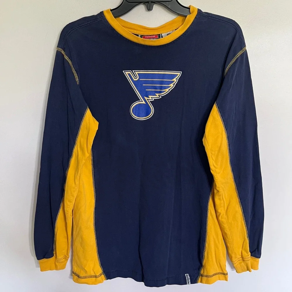 Reebok St Louis Blues NHL Long‎ Sleeve T-Shirt Boys XL  Navy Blue Yellow Hockey